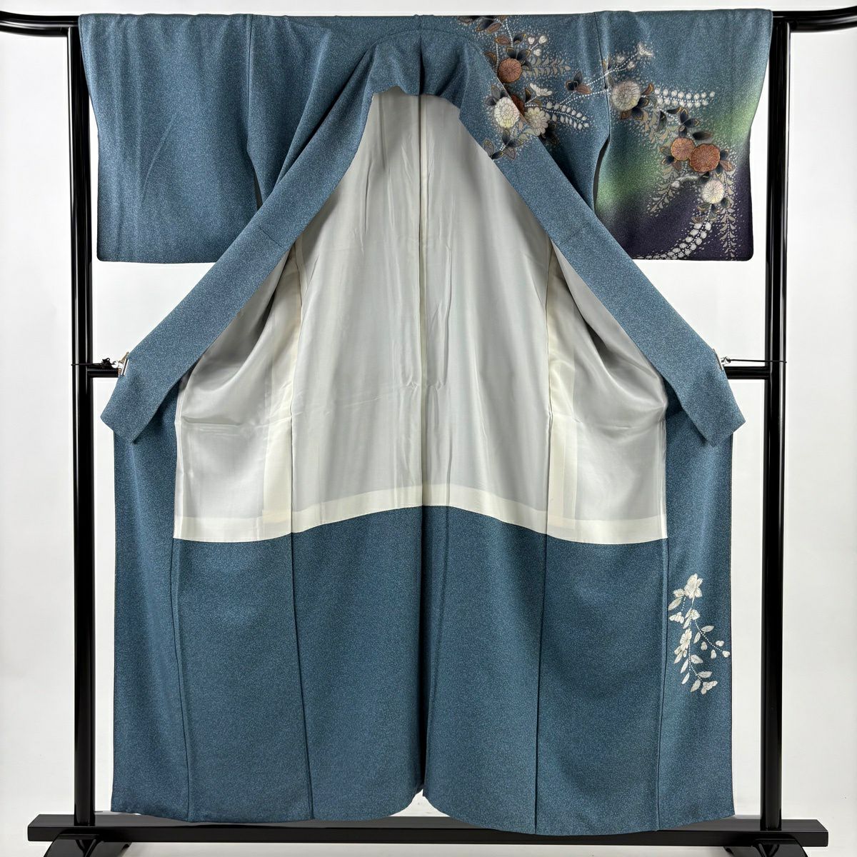 訪問服 身長156.5cm 袖長64cm M 雙層 辻花染 金彩裝飾 漸層 青灰 純蠶絲 名品級