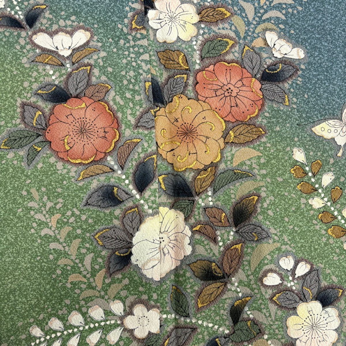 訪問服 身長156.5cm 袖長64cm M 雙層 辻花染 金彩裝飾 漸層 青灰 純蠶絲 名品級
