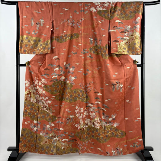 訪問服 身長163.5cm 袖長66cm M 雙層 幔幕 樱楓 金絲 金銀彩 鮭粉色 純蠶絲 名品級