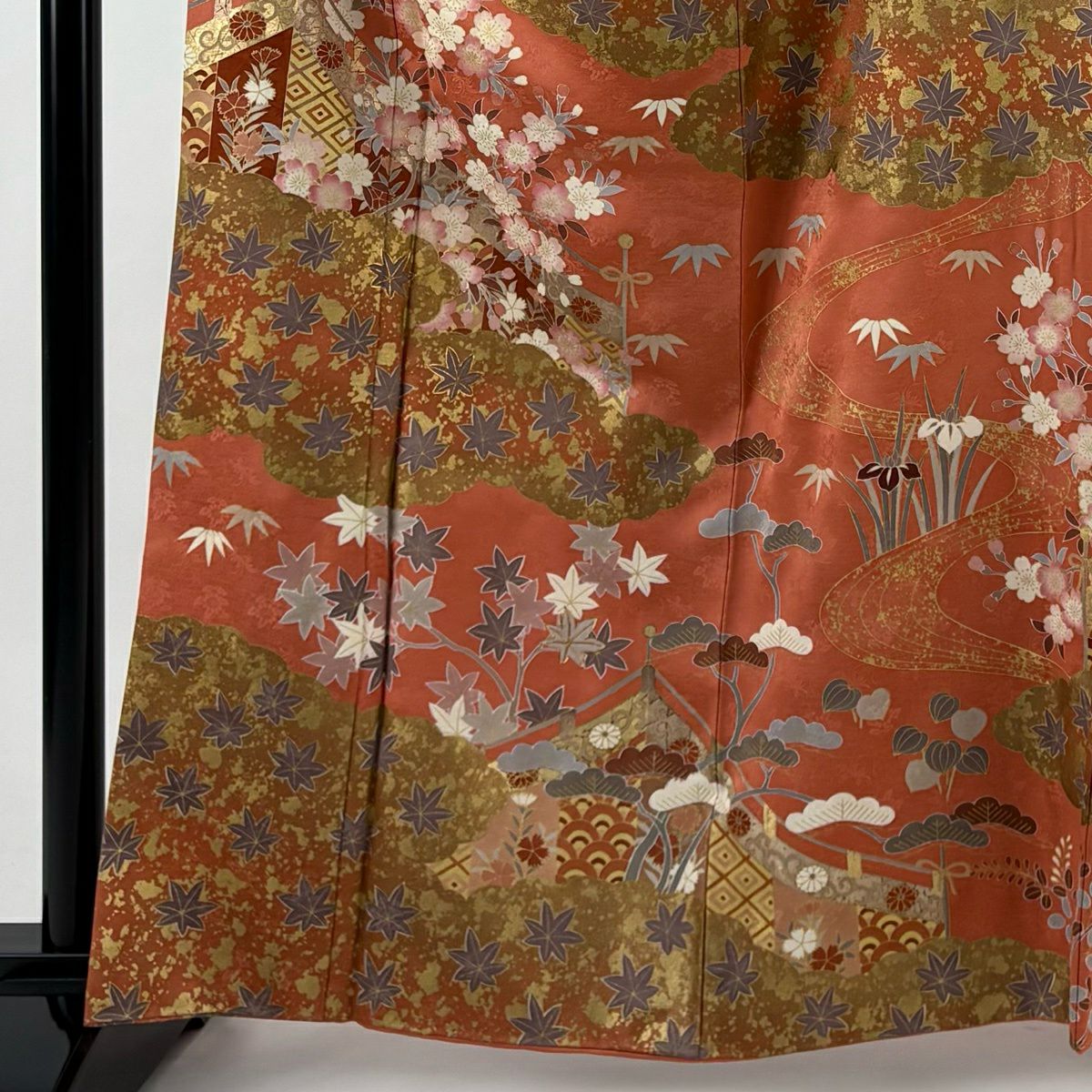 訪問服 身長163.5cm 袖長66cm M 雙層 幔幕 樱楓 金絲 金銀彩 鮭粉色 純蠶絲 名品級