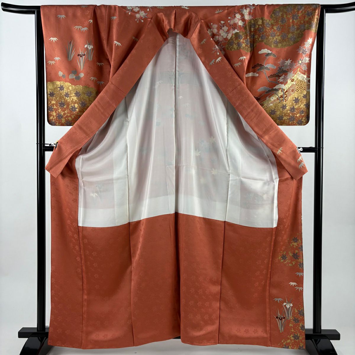 訪問服 身長163.5cm 袖長66cm M 雙層 幔幕 樱楓 金絲 金銀彩 鮭粉色 純蠶絲 名品級