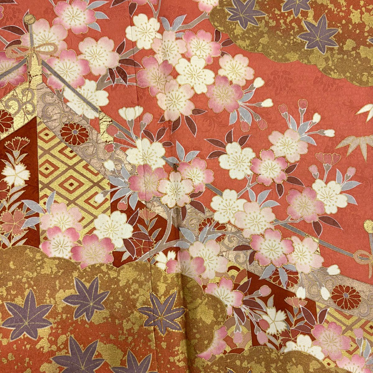 訪問服 身長163.5cm 袖長66cm M 雙層 幔幕 樱楓 金絲 金銀彩 鮭粉色 純蠶絲 名品級