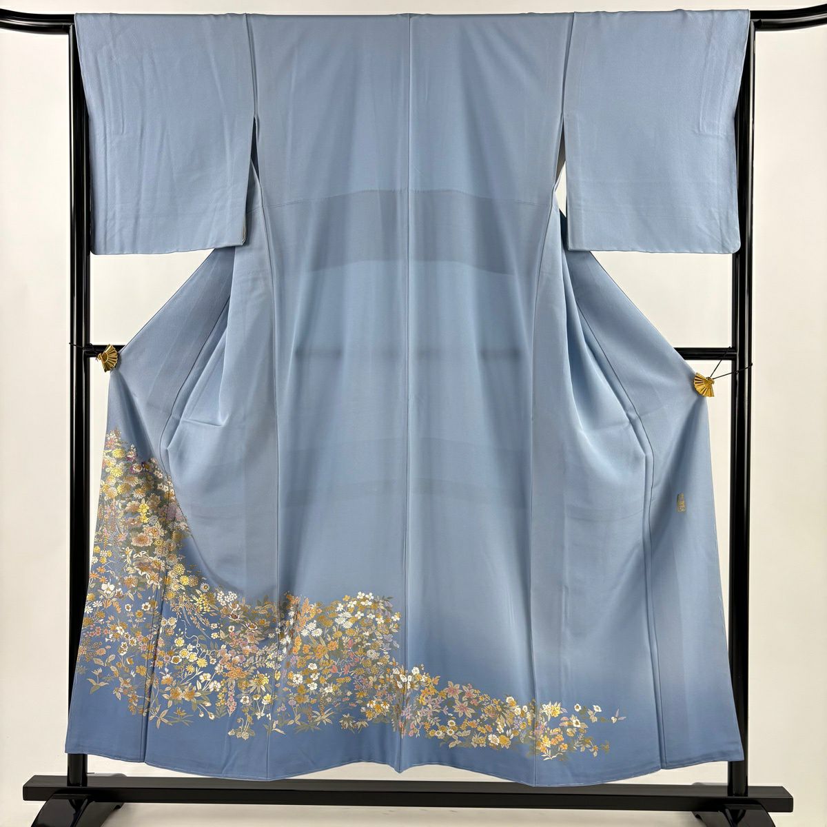色留袖禮服 身長153.5cm 袖長65cm M 雙層 和田光正 落款 牡丹 草花紋 金銀彩 拉麵 水藍色 純蠶絲 名品級