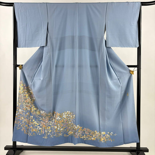 色留袖禮服 身長153.5cm 袖長65cm M 雙層 和田光正 落款 牡丹 草花紋 金銀彩 拉麵 水藍色 純蠶絲 名品級