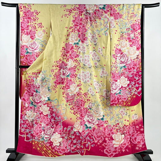 【美品】振袖禮服 身長162.5cm 袖長65cm M 雙層 薔薇花 金銀彩 金金箔 淡黃 純蠶絲 名品級