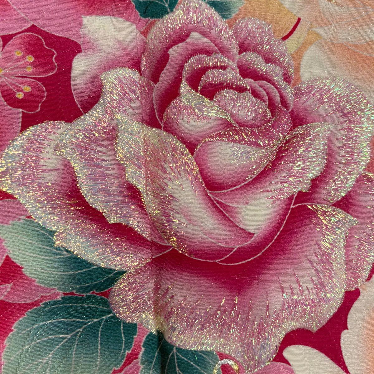 【美品】振袖禮服 身長162.5cm 袖長65cm M 雙層 薔薇花 金銀彩 金金箔 淡黃 純蠶絲 名品級