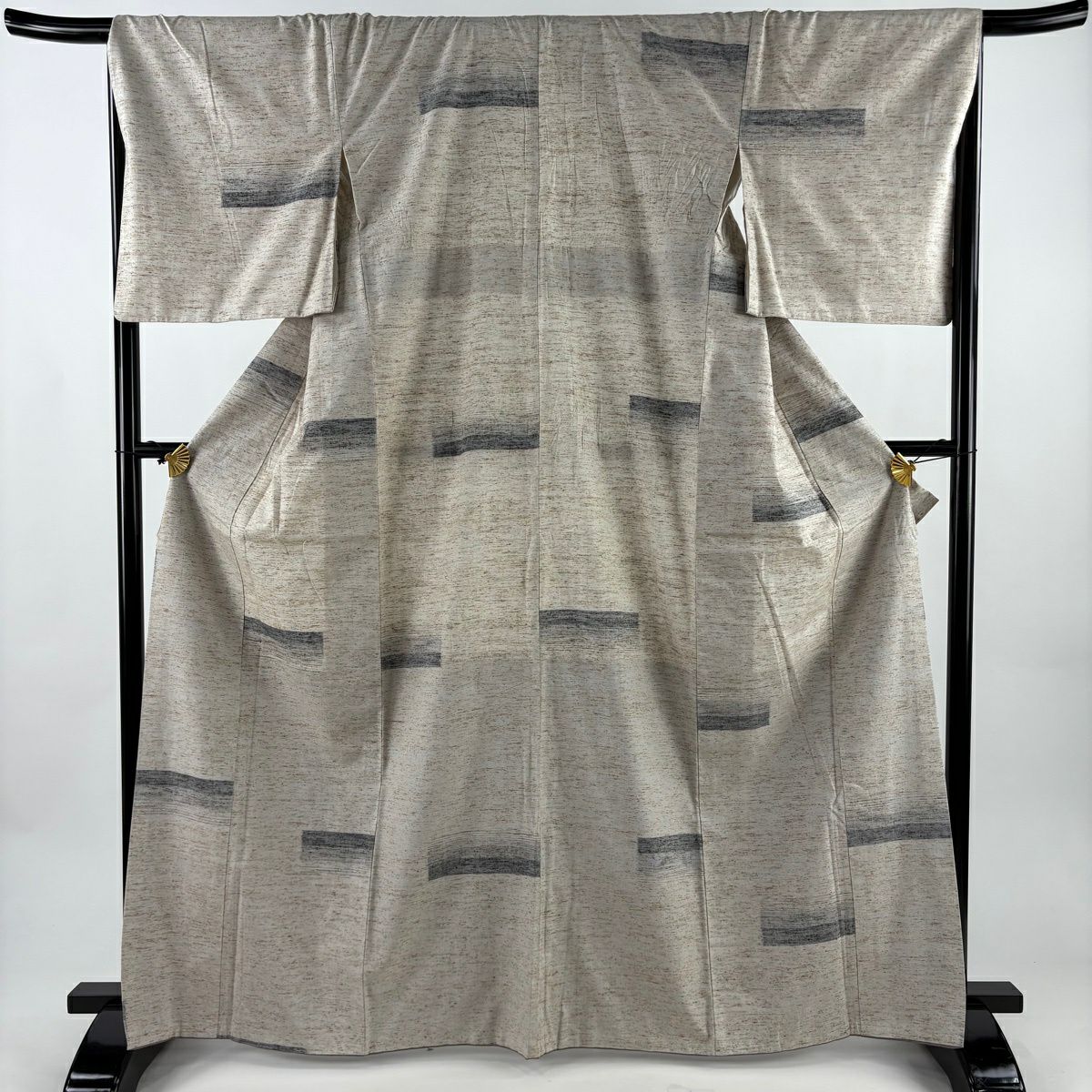 紬織 身長165.5cm 袖長68.5cm L 雙層 段縞紋 薄茶 純蠶絲 名品級