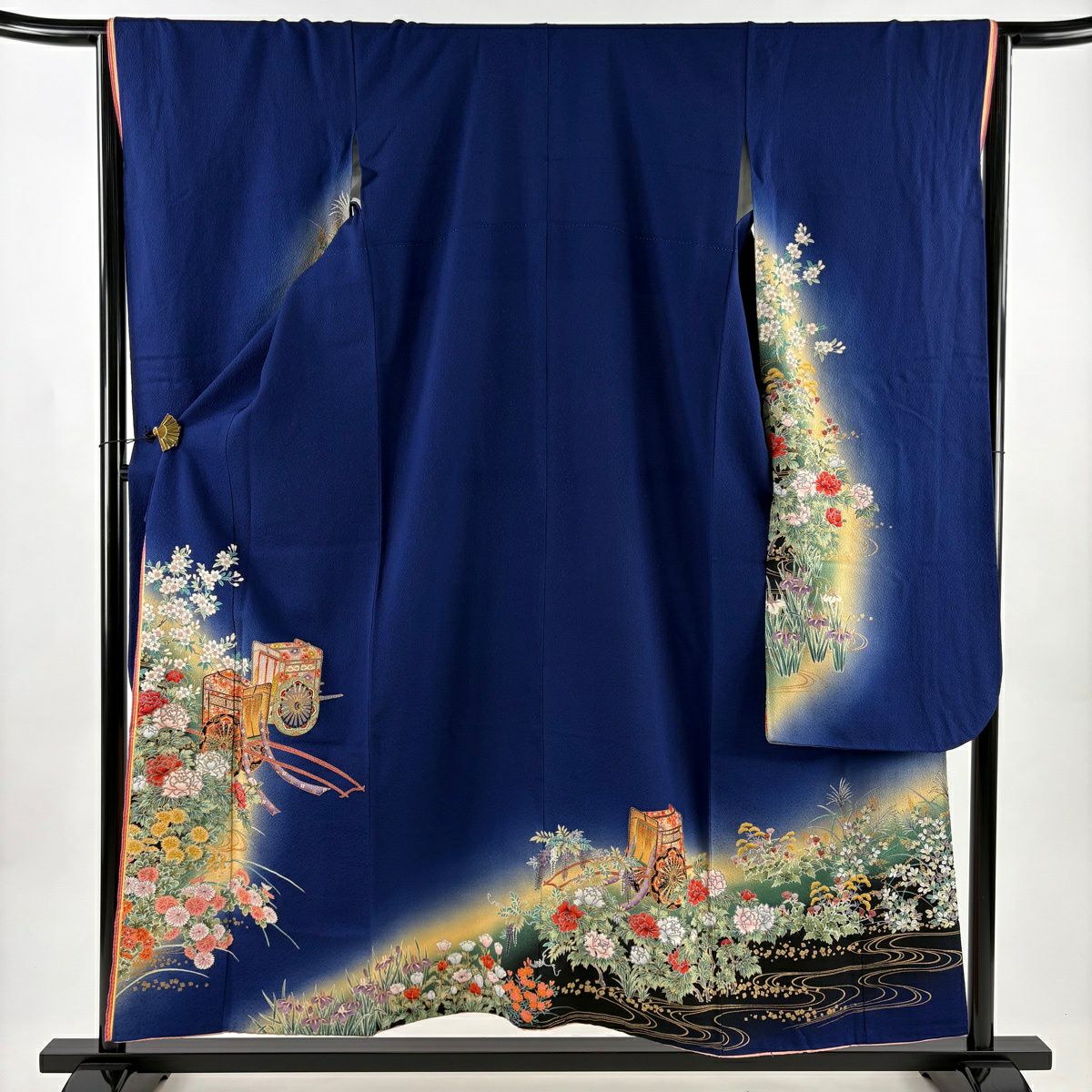 振袖禮服 身長155.5cm 袖長66.5cm M 雙層 桂由美 落款御所車 牡丹 金銀彩 漸層 青紫 純蠶絲 名品級