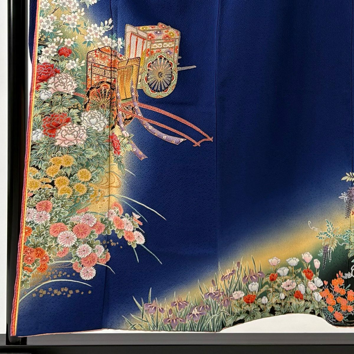 振袖禮服 身長155.5cm 袖長66.5cm M 雙層 桂由美 落款御所車 牡丹 金銀彩 漸層 青紫 純蠶絲 名品級