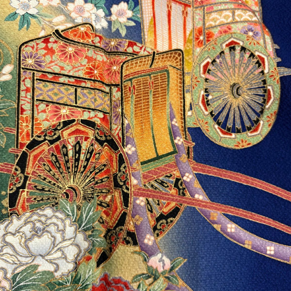 振袖禮服 身長155.5cm 袖長66.5cm M 雙層 桂由美 落款御所車 牡丹 金銀彩 漸層 青紫 純蠶絲 名品級