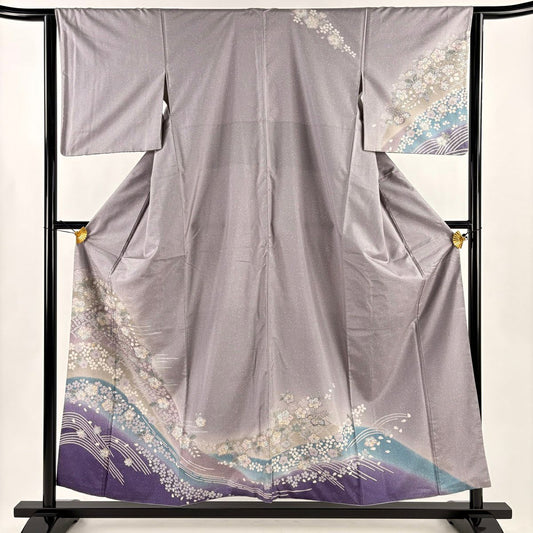 訪問服 身長155.5cm 袖長63cm S 雙層 紬織織 辻花染 松樹皮菱 漸層 灰紫 純蠶絲 名品級