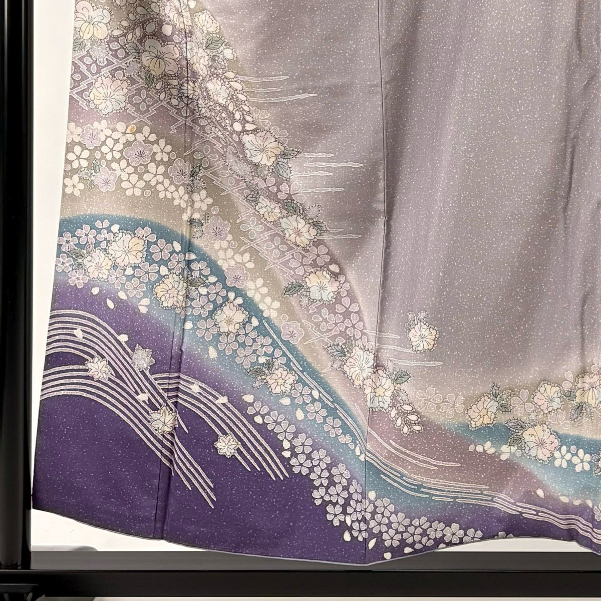 訪問服 身長155.5cm 袖長63cm S 雙層 紬織織 辻花染 松樹皮菱 漸層 灰紫 純蠶絲 名品級