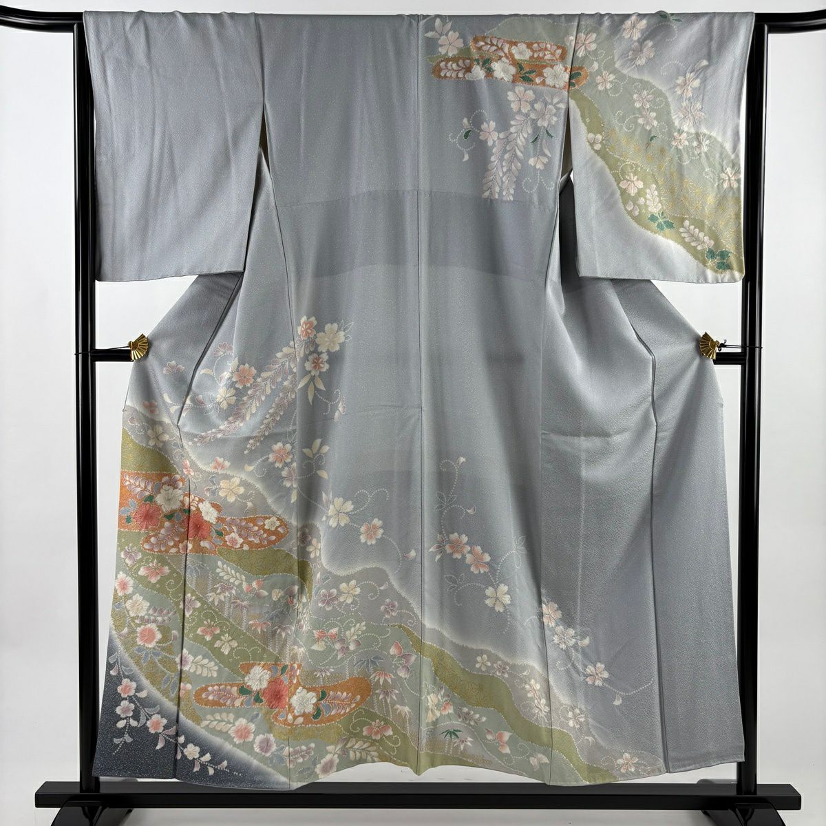 訪問服 身長153cm 袖長64.5cm M 雙層 草花紋紋 雲霞 金彩裝飾 漸層 青灰 純蠶絲 名品級