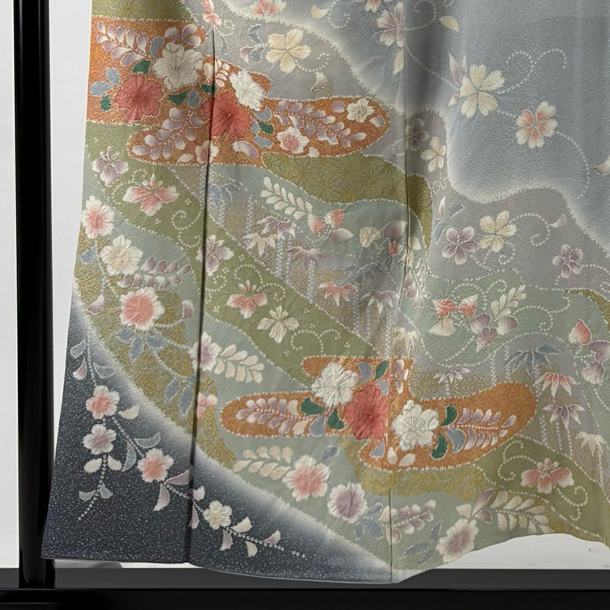 訪問服 身長153cm 袖長64.5cm M 雙層 草花紋紋 雲霞 金彩裝飾 漸層 青灰 純蠶絲 名品級