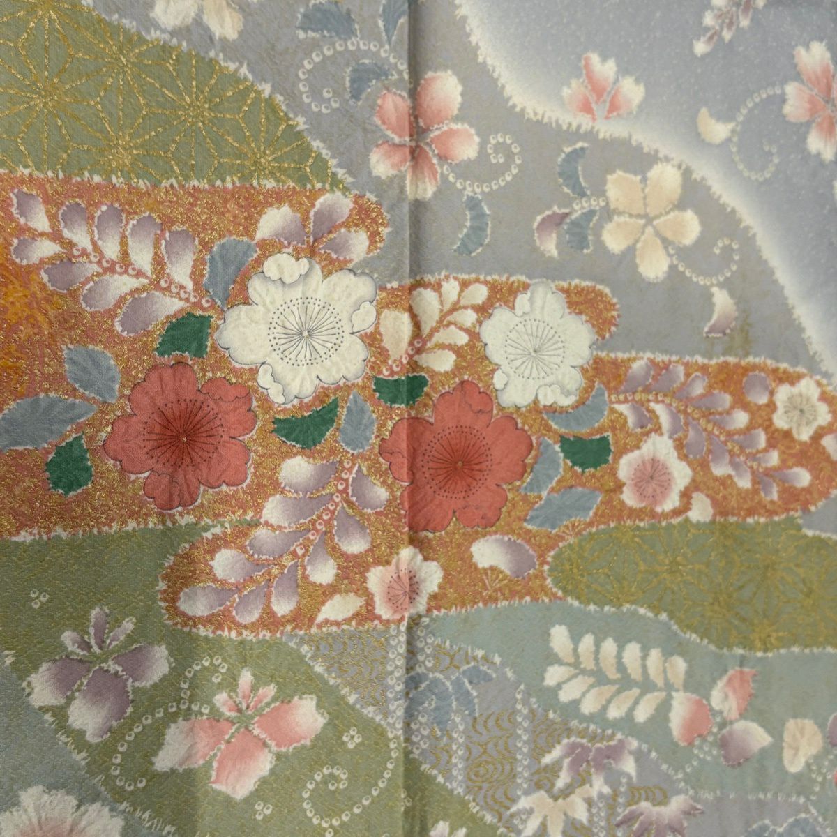 訪問服 身長153cm 袖長64.5cm M 雙層 草花紋紋 雲霞 金彩裝飾 漸層 青灰 純蠶絲 名品級