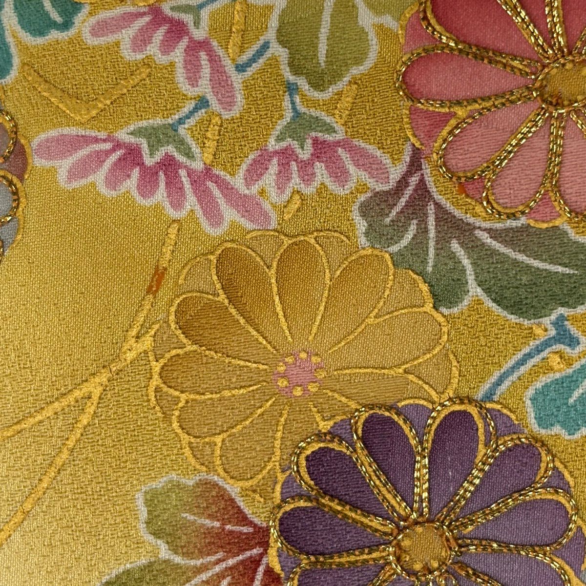 【美品】振袖禮服 身長164cm 袖長67.5cm L 雙層 岩田專太郎 落款あり 松樹竹子梅花 菊花 金絲 金銀彩 淡黃 純蠶絲 名品級