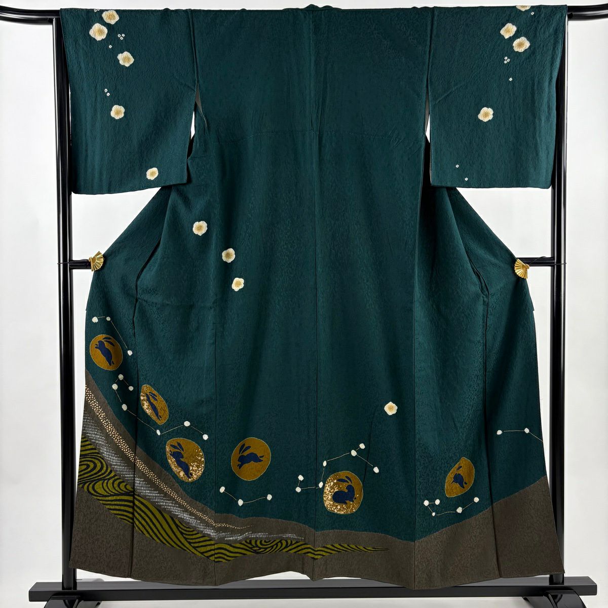 訪問服 身長154cm 袖長65.5cm M 雙層 兔子 星座 金銀彩 絞染 深綠 純蠶絲 名品級
