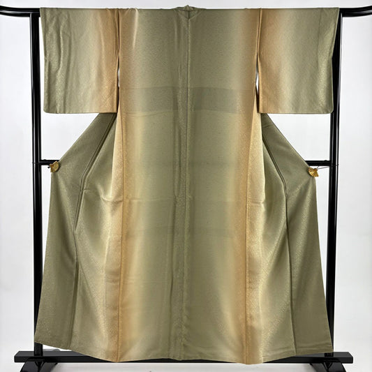 【美品】 小紋 身長156cm 袖長64cm M 雙層 地紋 縱向漸變 茶綠 純蠶絲 名品級