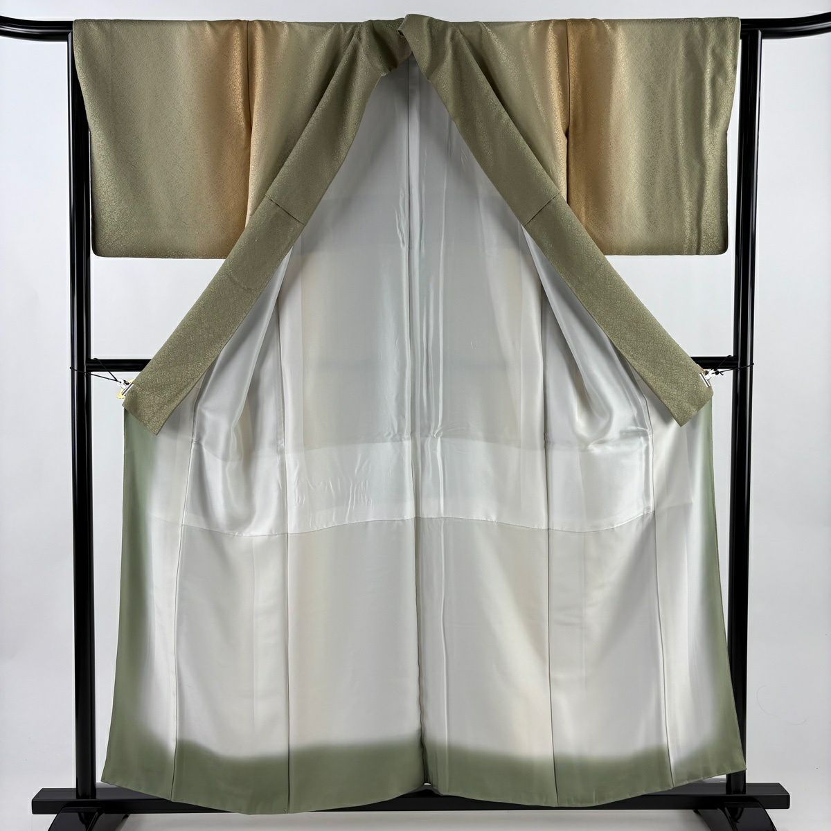 【美品】 小紋 身長156cm 袖長64cm M 雙層 地紋 縱向漸變 茶綠 純蠶絲 名品級