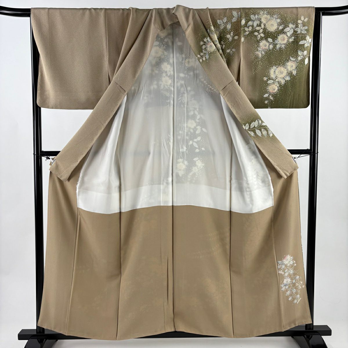 訪問服 身長157cm 袖長65.5cm M 雙層 落款あり 辻花染圖案 漸層 薄茶 純蠶絲 名品級