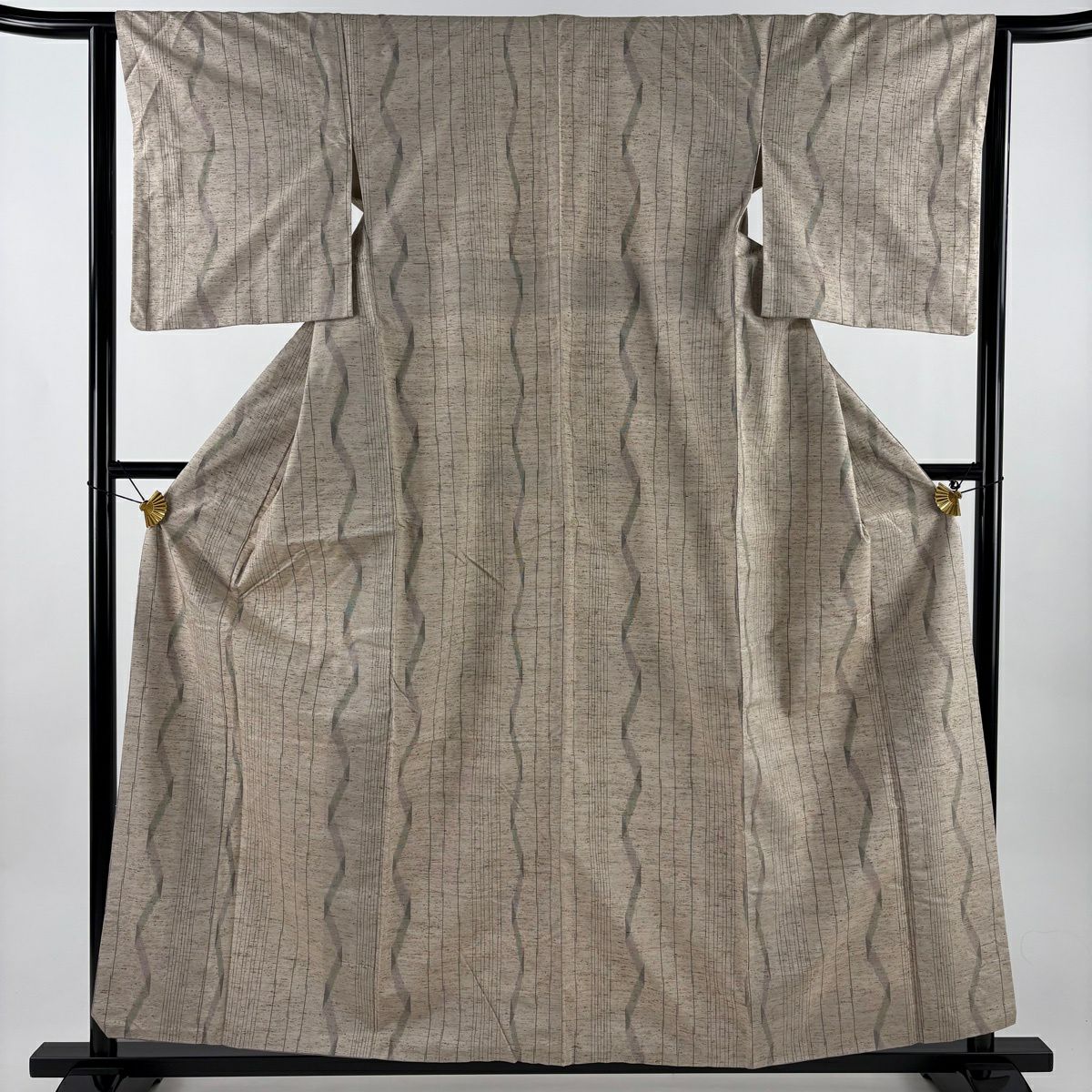 【美品】 紬織 身長159cm 袖長63.5cm S 雙層 縞 幾何圖案 淺茶 純蠶絲 名品級