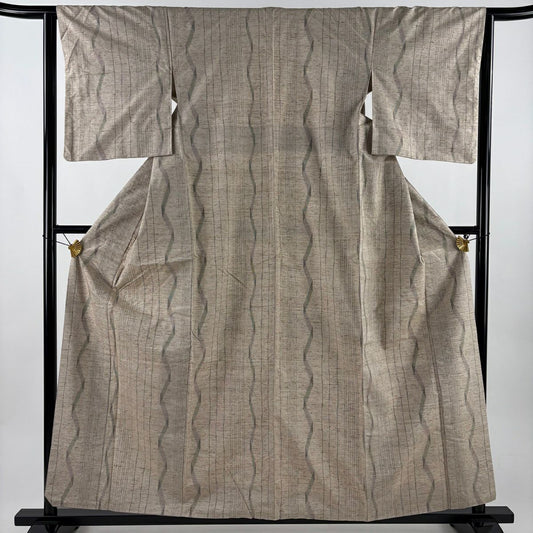【美品】 紬織 身長159cm 袖長63.5cm S 雙層 縞 幾何圖案 淺茶 純蠶絲 名品級