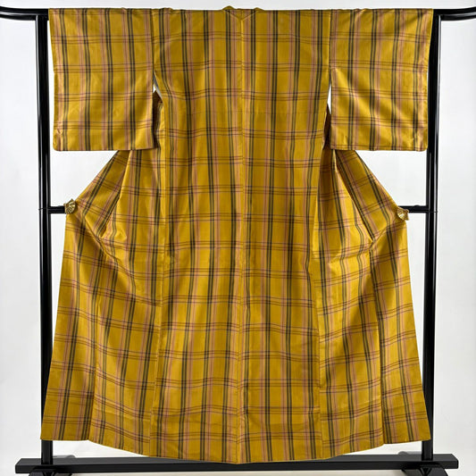 【美品】 紬織 身長156cm 袖長63cm S 雙層 格子 山吹茶 純蠶絲 名品級