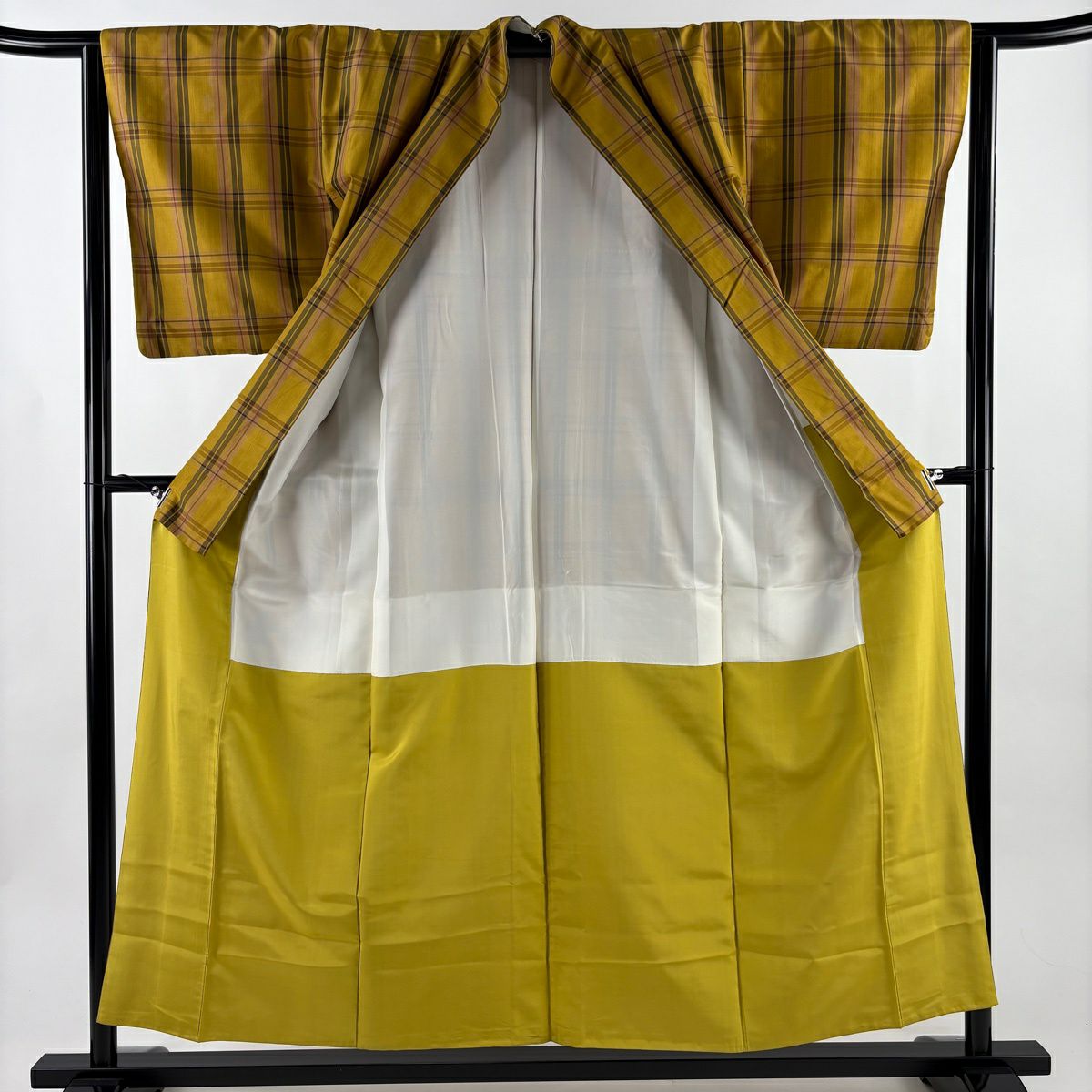 【美品】 紬織 身長156cm 袖長63cm S 雙層 格子 山吹茶 純蠶絲 名品級
