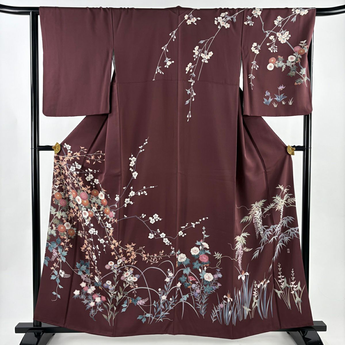 訪問服 身長160cm 袖長65.5cm M 雙層 落款あり 枝梅花 菊花 小豆 純蠶絲 名品級