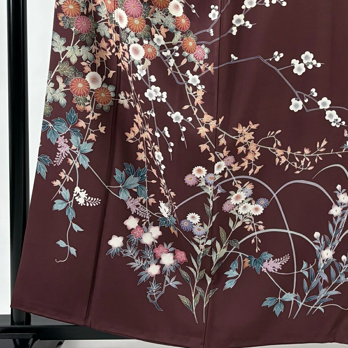 訪問服 身長160cm 袖長65.5cm M 雙層 落款あり 枝梅花 菊花 小豆 純蠶絲 名品級