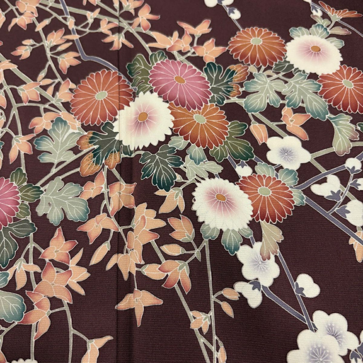 訪問服 身長160cm 袖長65.5cm M 雙層 落款あり 枝梅花 菊花 小豆 純蠶絲 名品級
