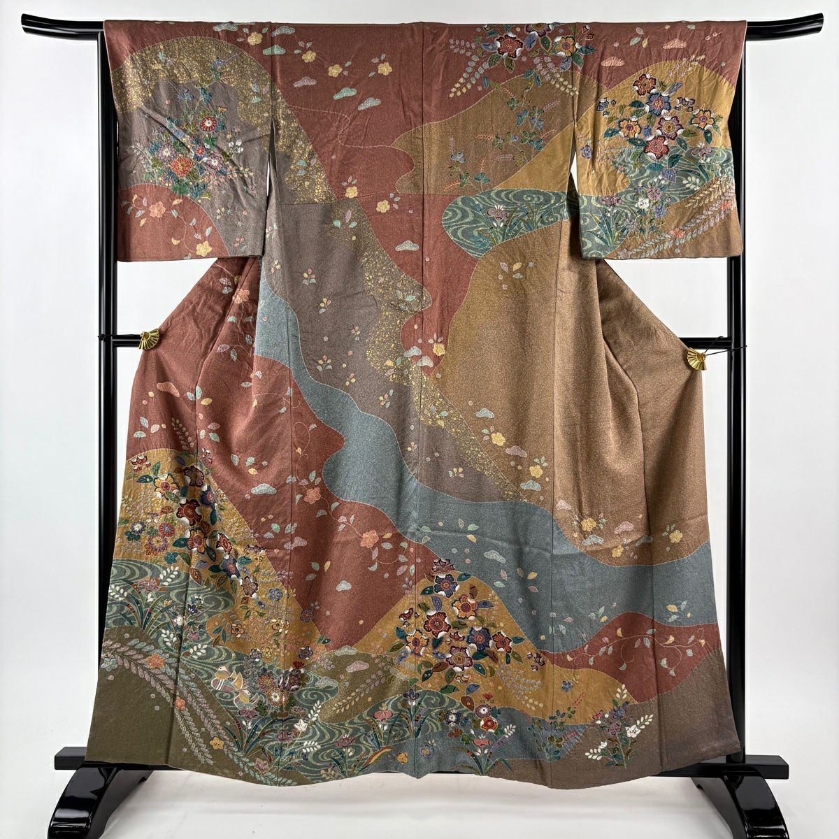 訪問服 身長159.5cm 袖長65.5cm M 雙層 花鳥 流水 金彩裝飾 染分 紅茶 純蠶絲 名品級