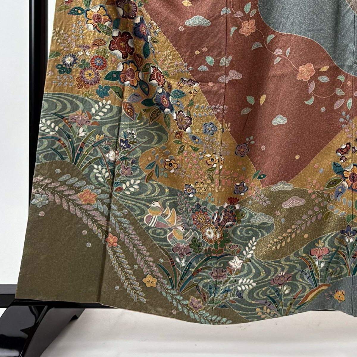 訪問服 身長159.5cm 袖長65.5cm M 雙層 花鳥 流水 金彩裝飾 染分 紅茶 純蠶絲 名品級
