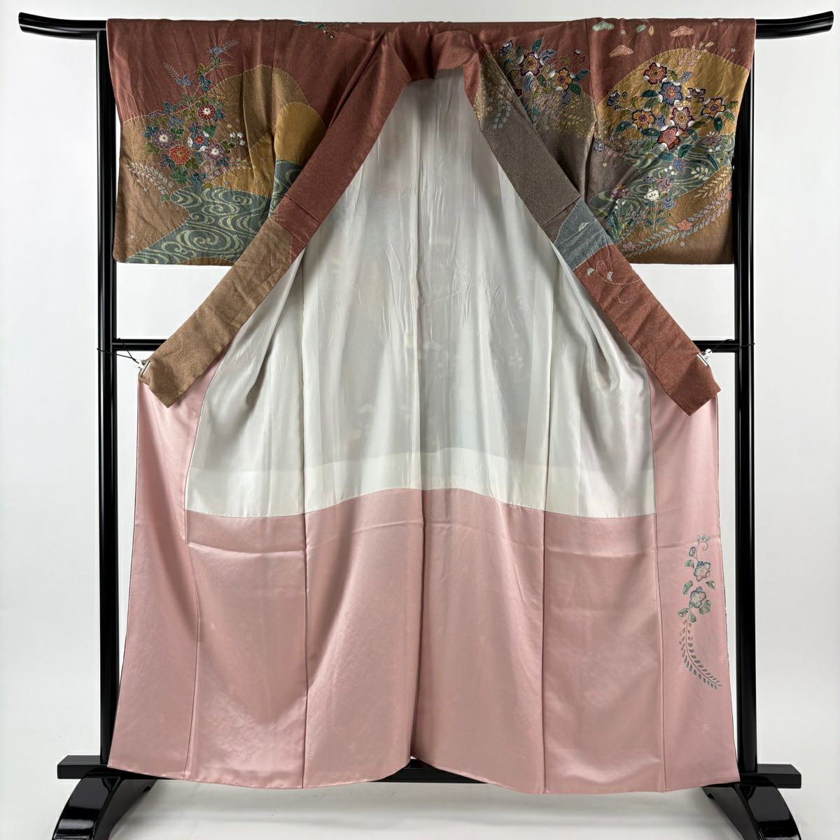 訪問服 身長159.5cm 袖長65.5cm M 雙層 花鳥 流水 金彩裝飾 染分 紅茶 純蠶絲 名品級