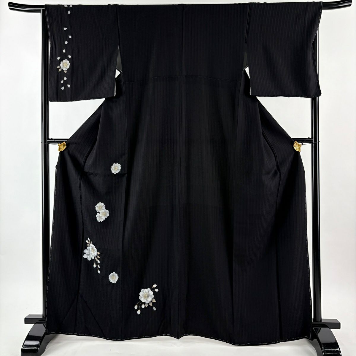 【美品】 付下 身長167cm 袖長65.5cm M 雙層 櫻花 縱條 金銀彩 黑 純蠶絲 名品級