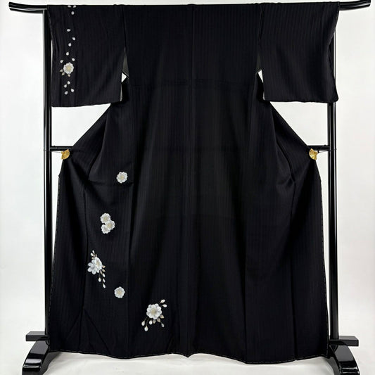 【美品】 付下 身長167cm 袖長65.5cm M 雙層 櫻花 縱條 金銀彩 黑 純蠶絲 名品級