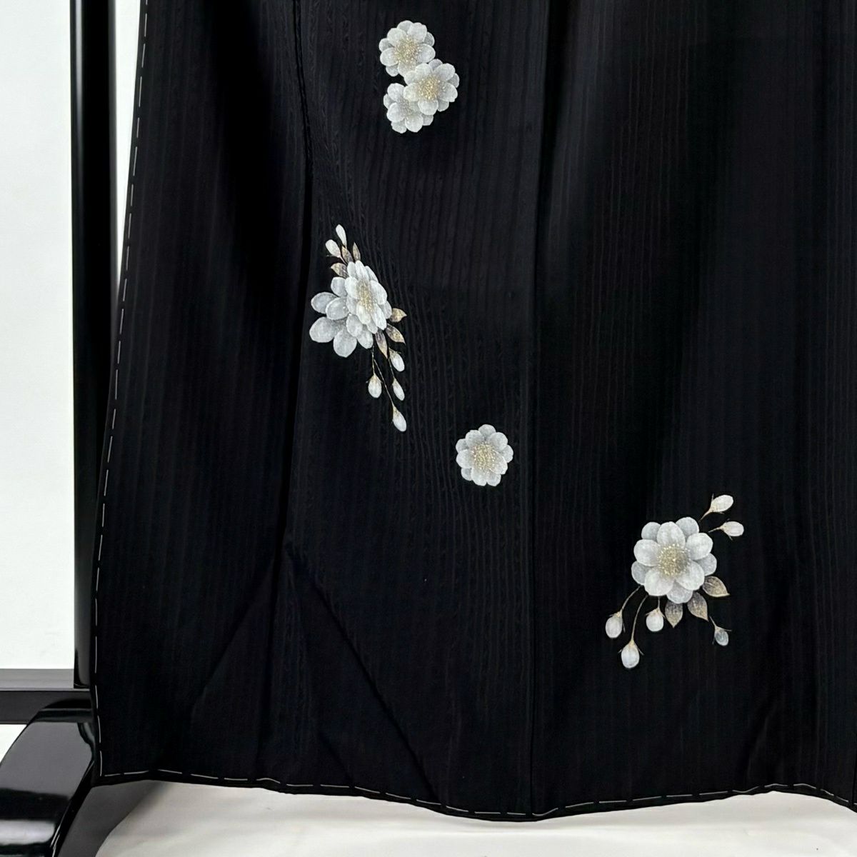 【美品】 付下 身長167cm 袖長65.5cm M 雙層 櫻花 縱條 金銀彩 黑 純蠶絲 名品級