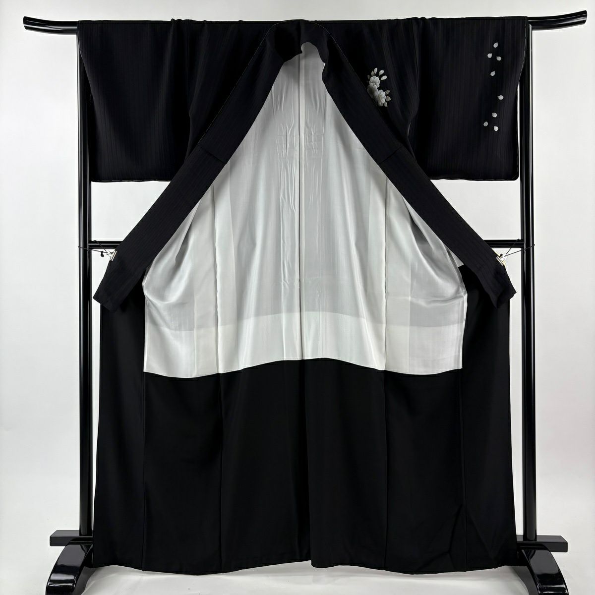 【美品】 付下 身長167cm 袖長65.5cm M 雙層 櫻花 縱條 金銀彩 黑 純蠶絲 名品級