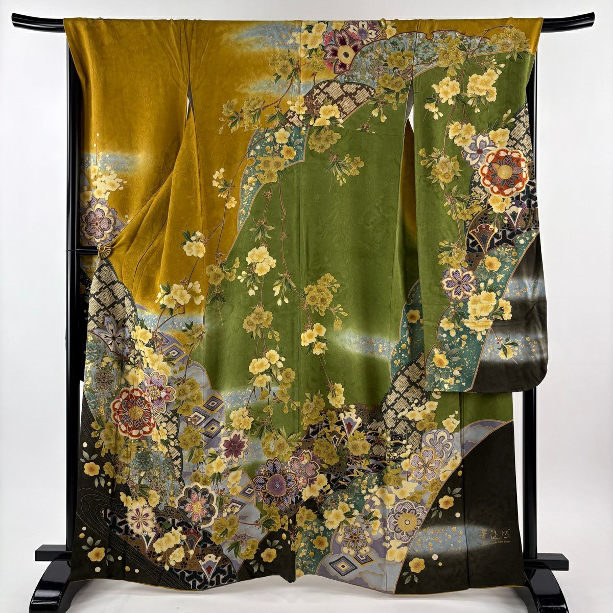 【美品】振袖禮服 身長164cm 袖長68cm L 雙層 草花紋紋 流水 金金箔 金絲 黃土色 純蠶絲 名品級
