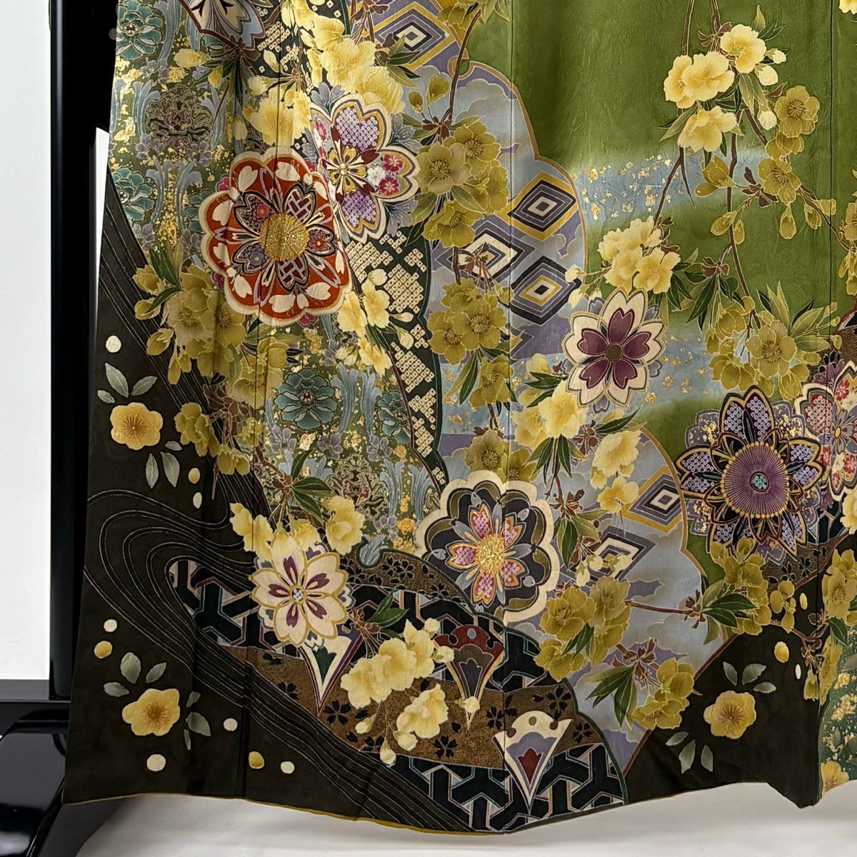 【美品】振袖禮服 身長164cm 袖長68cm L 雙層 草花紋紋 流水 金金箔 金絲 黃土色 純蠶絲 名品級