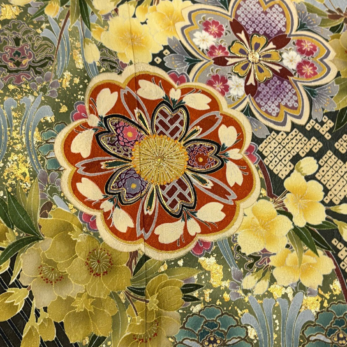 【美品】振袖禮服 身長164cm 袖長68cm L 雙層 草花紋紋 流水 金金箔 金絲 黃土色 純蠶絲 名品級