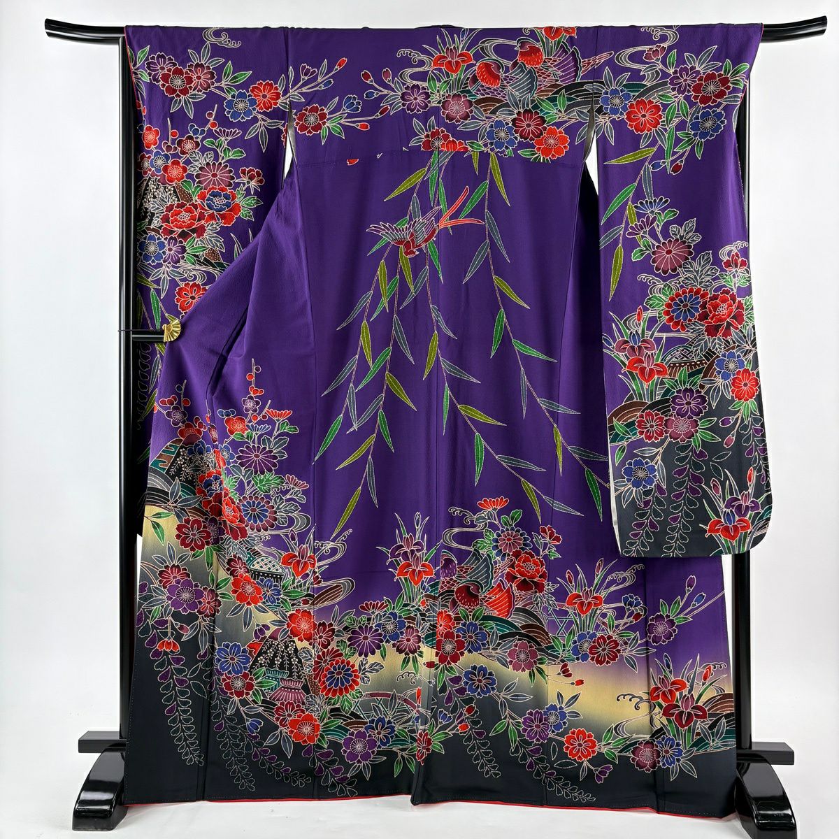 振袖禮服 身長167cm 袖長67cm M 雙層 草花紋紋 家屋 辨染 漸層 紫 純蠶絲 名品級