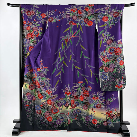振袖禮服 身長167cm 袖長67cm M 雙層 草花紋紋 家屋 辨染 漸層 紫 純蠶絲 名品級