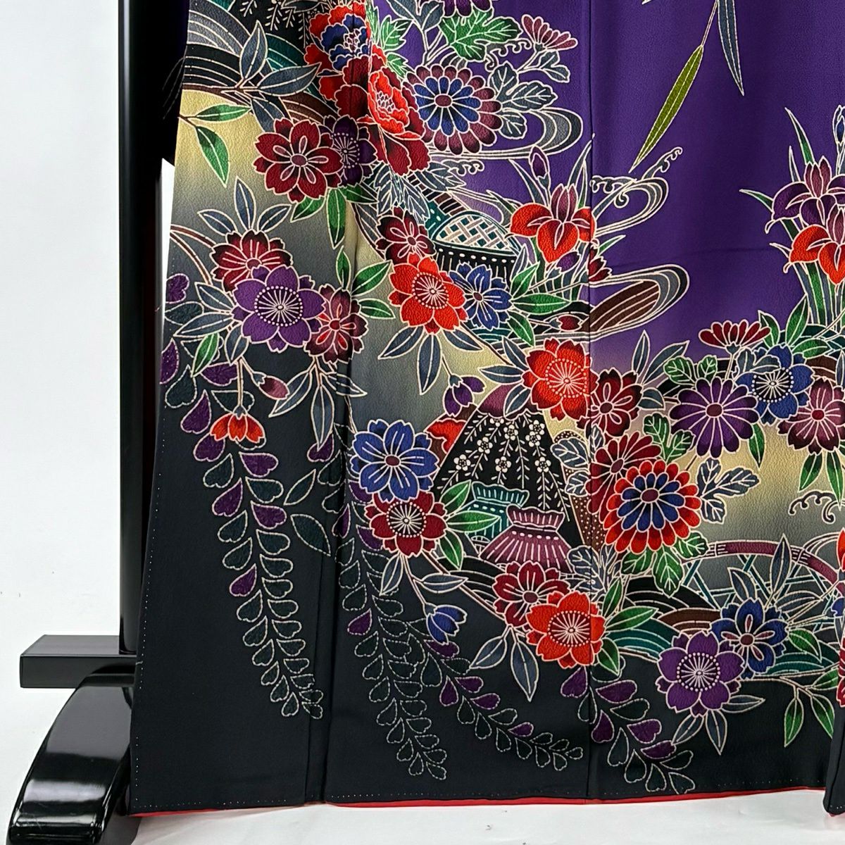 振袖禮服 身長167cm 袖長67cm M 雙層 草花紋紋 家屋 辨染 漸層 紫 純蠶絲 名品級