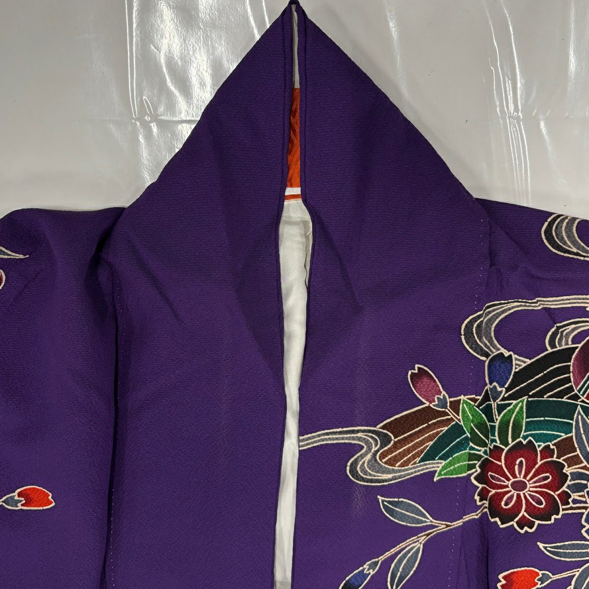 振袖禮服 身長167cm 袖長67cm M 雙層 草花紋紋 家屋 辨染 漸層 紫 純蠶絲 名品級