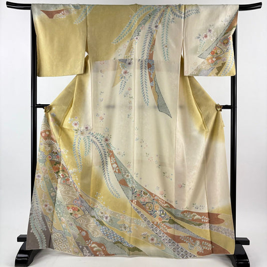 訪問服 身長167cm 袖長67cm M 雙層 扇子 草花紋紋 金絲 金銀彩 淺黃土 純蠶絲 名品級