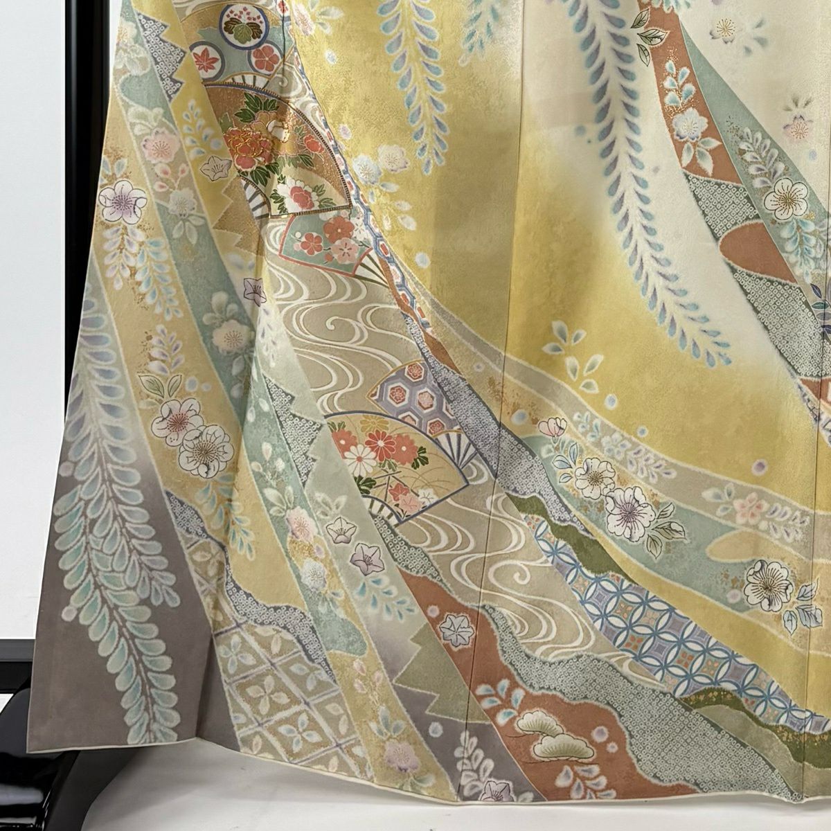 訪問服 身長167cm 袖長67cm M 雙層 扇子 草花紋紋 金絲 金銀彩 淺黃土 純蠶絲 名品級