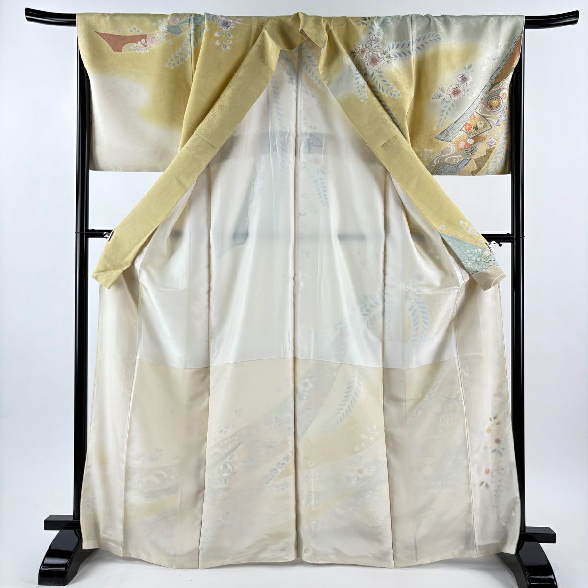 訪問服 身長167cm 袖長67cm M 雙層 扇子 草花紋紋 金絲 金銀彩 淺黃土 純蠶絲 名品級