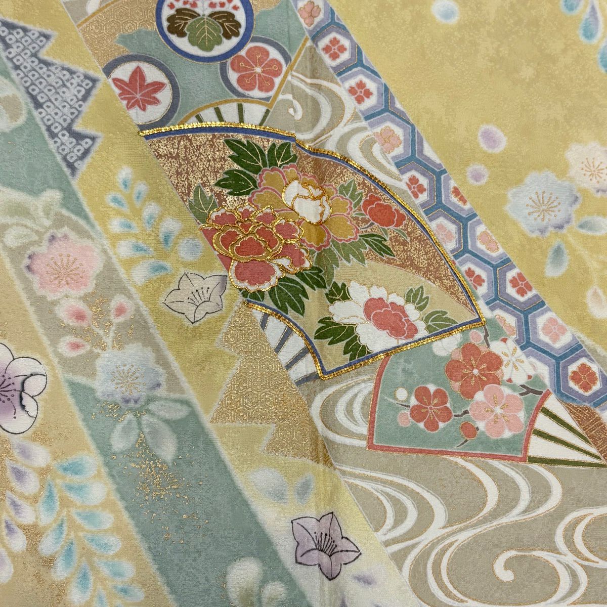 訪問服 身長167cm 袖長67cm M 雙層 扇子 草花紋紋 金絲 金銀彩 淺黃土 純蠶絲 名品級