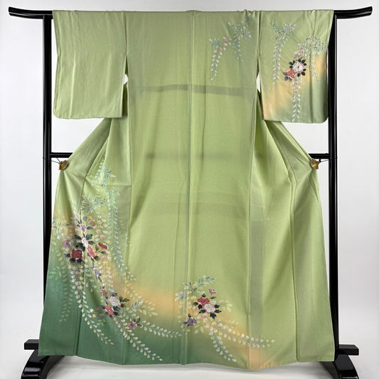 【美品】訪問服 身長164cm 袖長64cm M 雙層 牡丹 藤 絞染 漸層 淺綠 純蠶絲 名品級